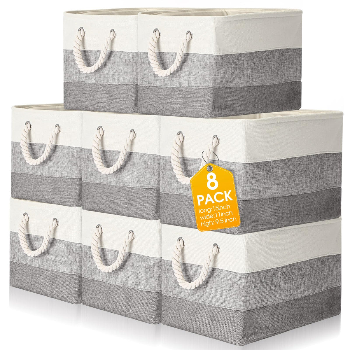 meekoo 8 Pack Fabric Storage Bins Baskets, 15 x 11 x 9.5 in, Gray White