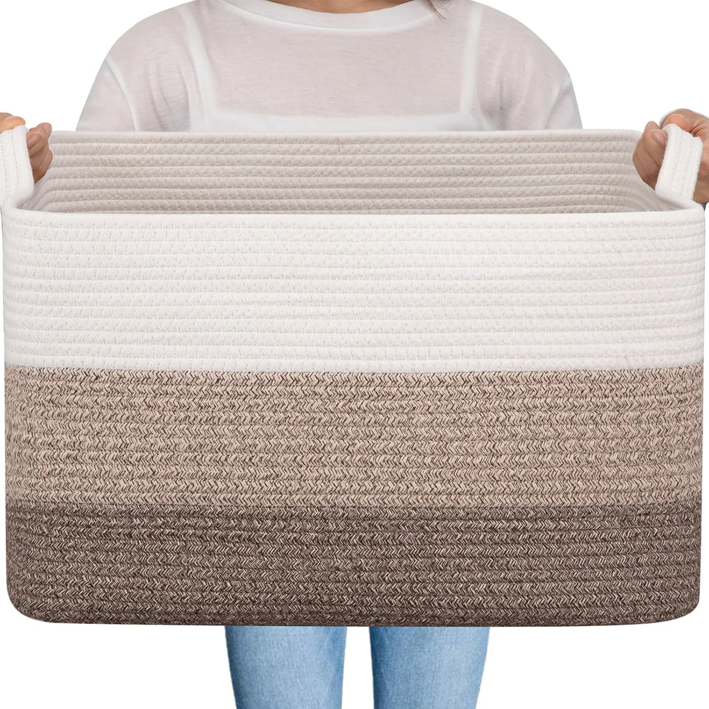 OIAHOMY Large Blanket Basket, 65L Cotton Rope Woven Laundry Basket, Toy Bin for Baby Room, Container for Blanket Storage in Living Room, 20''×16''×12'', Gradient Brown