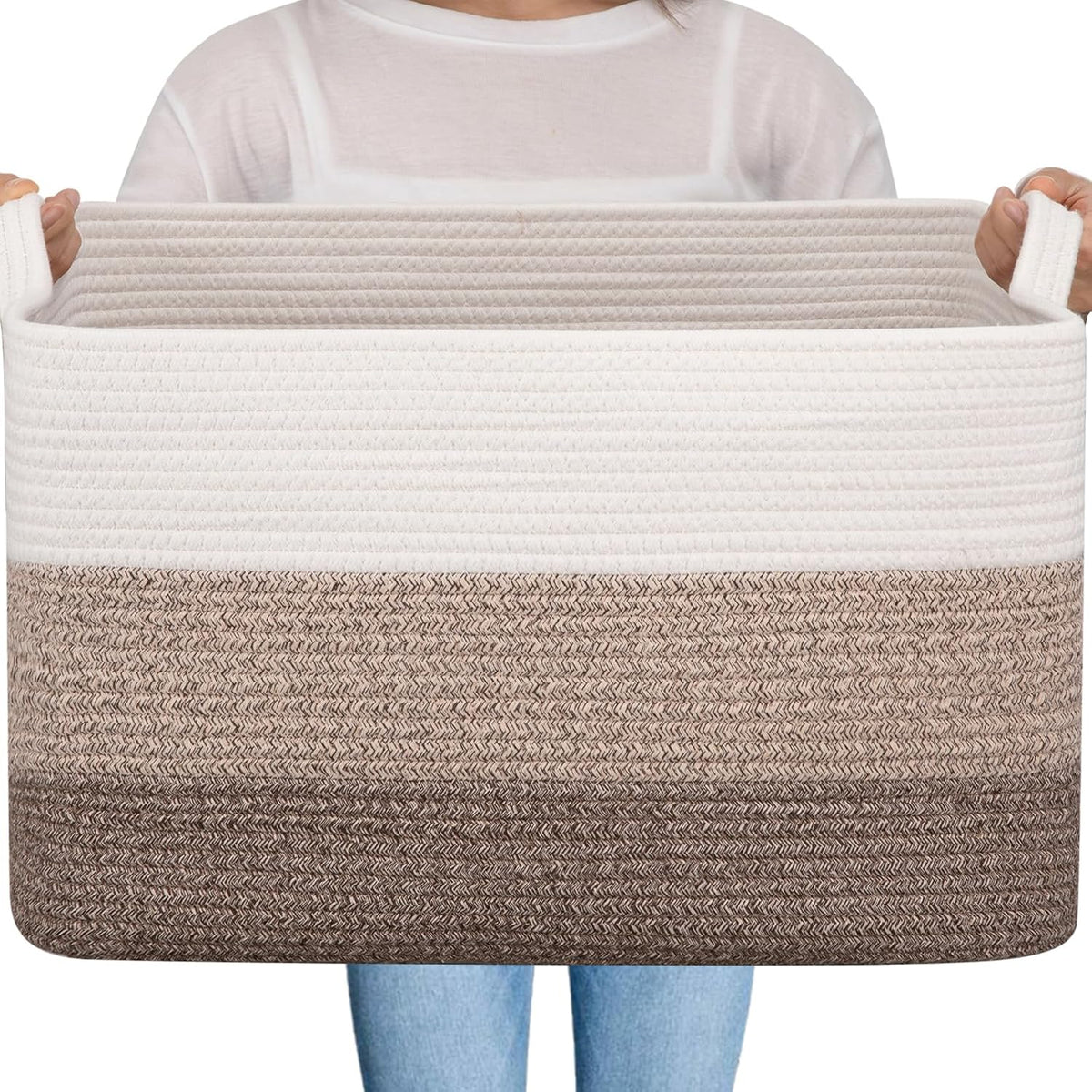 OIAHOMY Large Blanket Basket, 65L Cotton Rope Woven Laundry Basket, Toy Bin for Baby Room, Container for Blanket Storage in Living Room, 20''×16''×12'', Gradient Brown