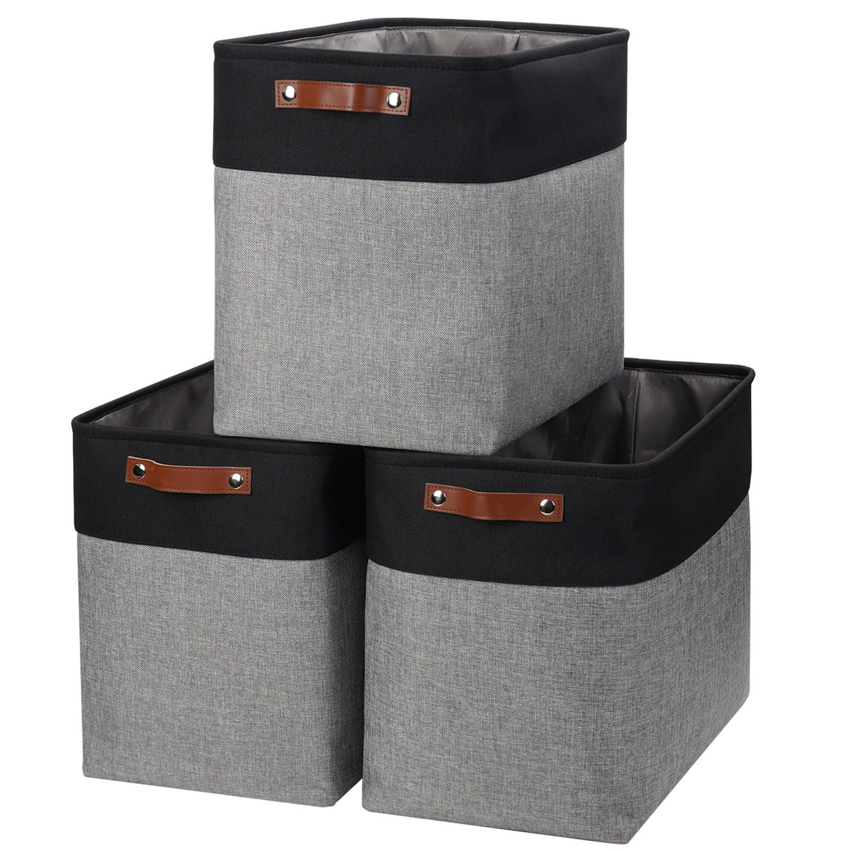 Bagnizer Storage Bins Large Fabric Storage Baskets for Shelves 3 Pack, Decorative Linen Closet Baskets with Handles for Organizing, Shelf, Clothes, Home, Office, 15x11x9.5Inches (Grey&White)