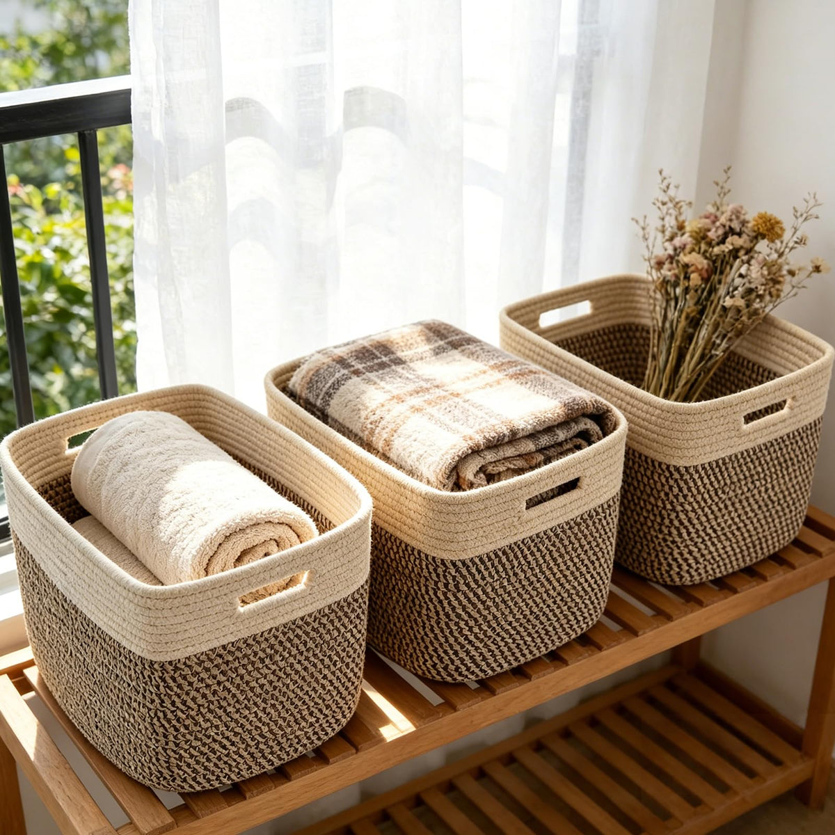 3 Pack Woven Baskets,Storage Baskets for Shelves with Handles