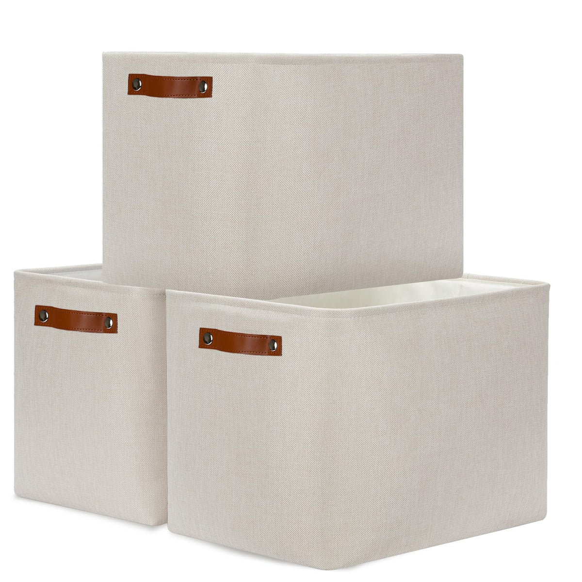 DULLEMELO Fabric Storage Bins for Laundry, Home, Foldable Storage Baskets for Shelves, Toys, Collapsible Storage Bins for Office, Closet,Bedroom(White&Khaki,L-15"x11"x9.5",4-Pack)