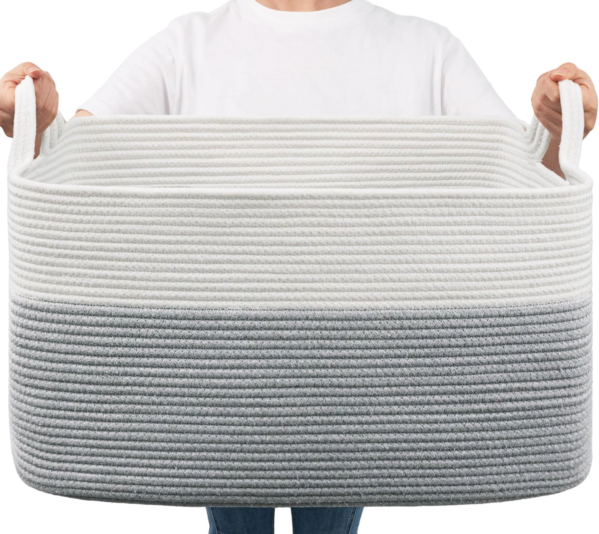 Goodpick Large Woven Rope Blanket Basket, Rectangle, White & Light Brown