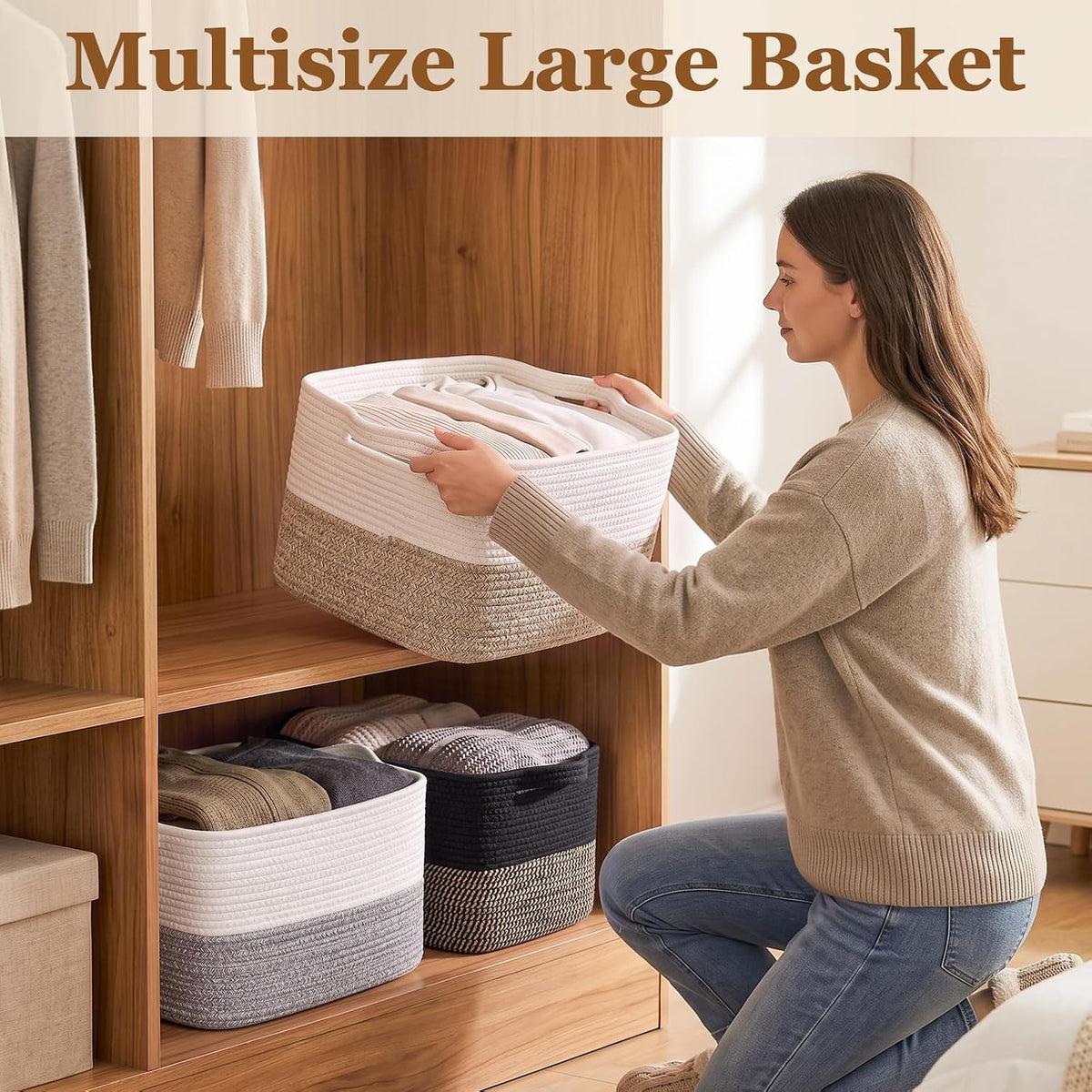 OIAHOMY 30L Woven Storage Basket for Shelves Baskets for Organizing Brown