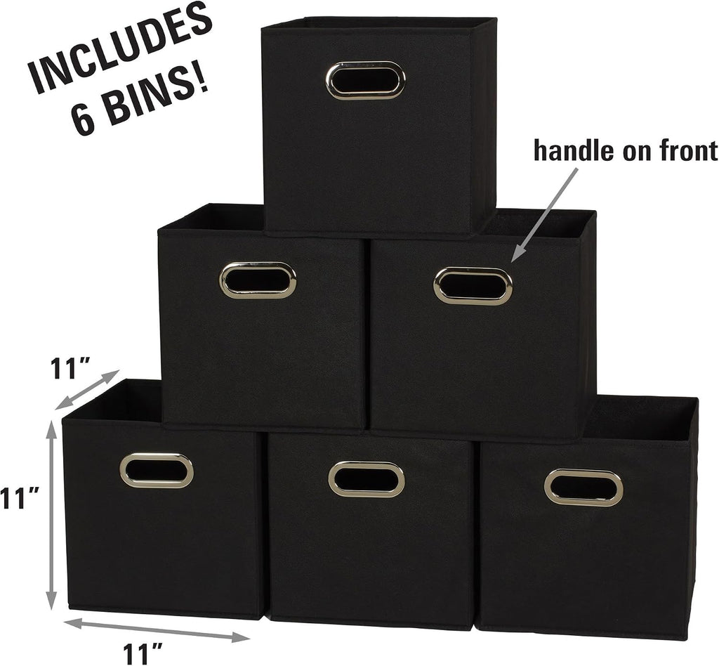 Household Essentials Foldable Fabric Storage Bins 6 Piece Set, Strong Poly-Woven Fabric, Sturdy Chipboard Sides, Grommet Front Handle, Stackable, Classic Design, Black