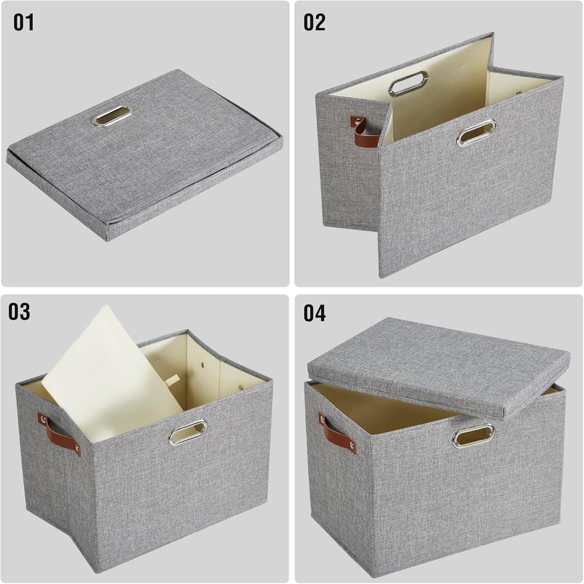 17" Large Fabric Storage Box with Lids, 3-Pack, Gray