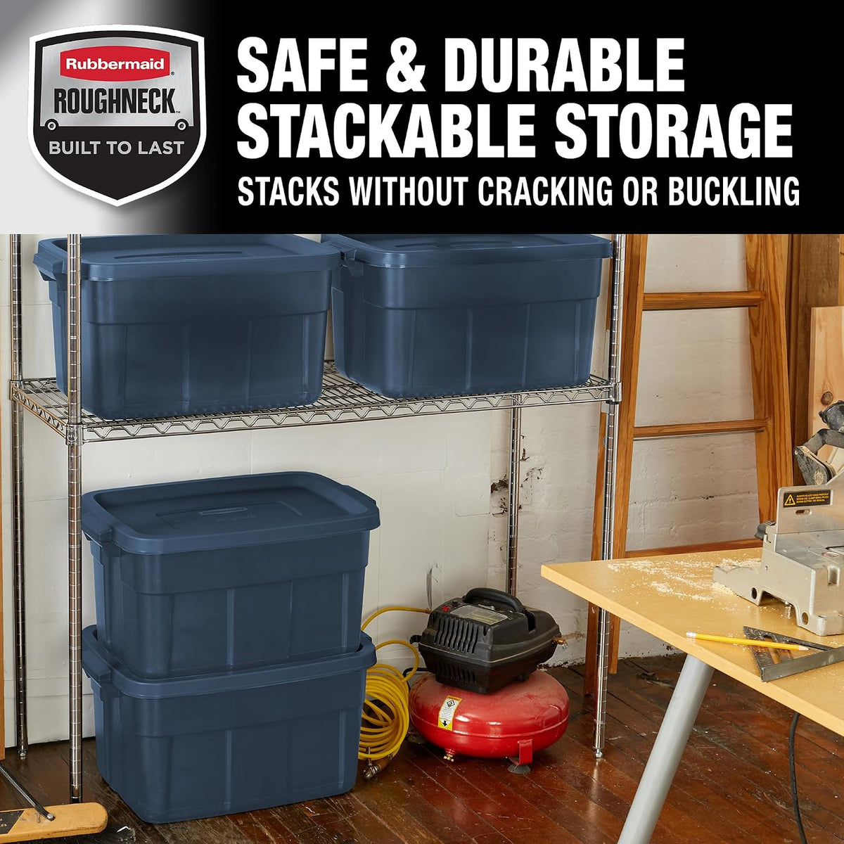 Rubbermaid Roughneck Tote 14 Gal, 6 Pack, Made in USA, Dark Indigo Metallic, Rugged Plastic Stackable Storage Bins with Lids and Handles