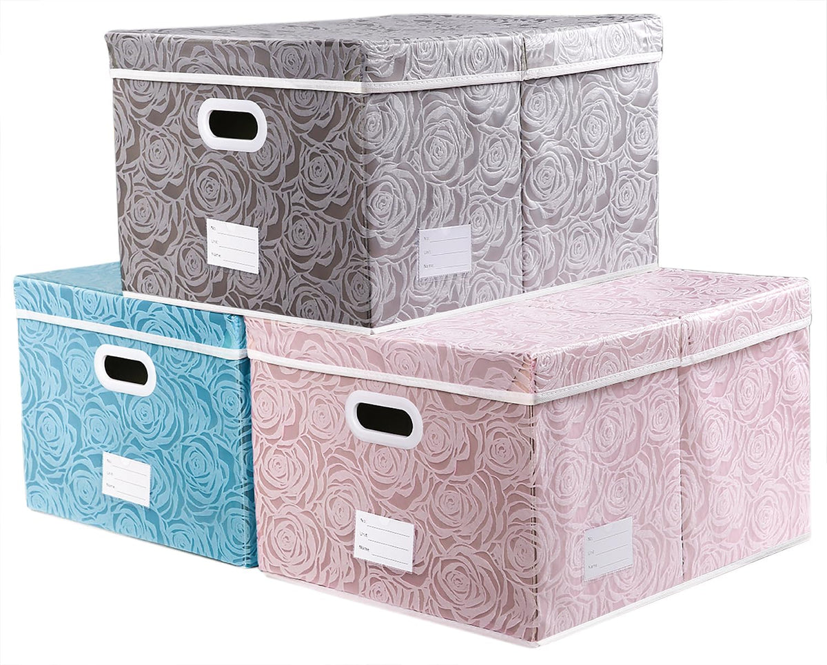 PRANDOM Larger Collapsible Storage Cubes with Lids Fabric Decorative Storage Bins Boxes Organizer Containers Baskets with Cover Handles for Bedroom Closet Living Room Blue 17.7x11.8x11.8 Inch 3 Pack