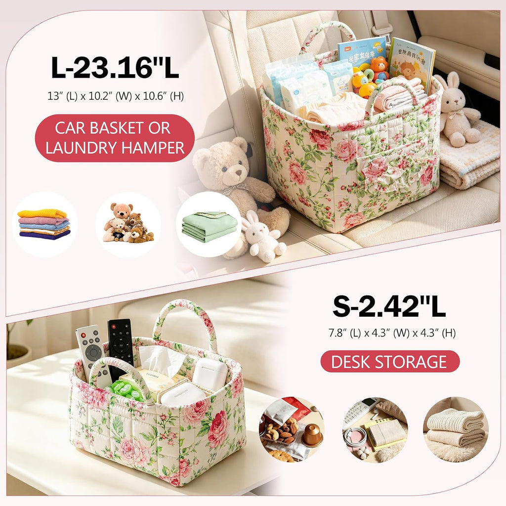 vctops 2 Pack Boho Fabric Quilted Storage Baskets for Organizing, Basket Organizer Gift Basket with Handles, Storage Bins for Toys, Books, Towels, and Clothes, Collapsible Fabric(Floral A)