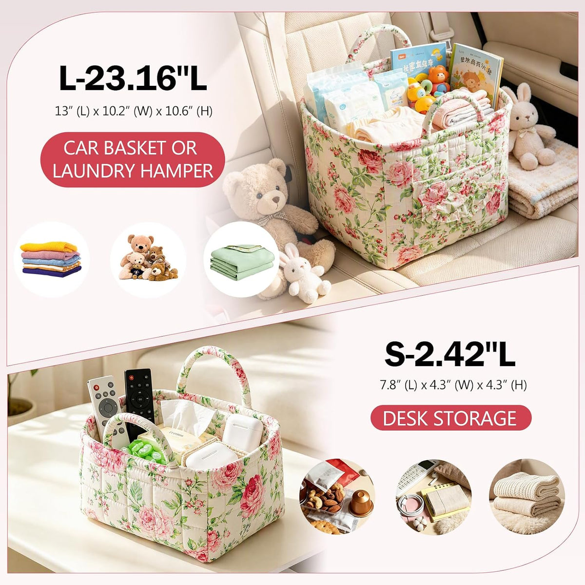 vctops 2 Pack Boho Fabric Quilted Storage Baskets for Organizing, Basket Organizer Gift Basket with Handles, Storage Bins for Toys, Books, Towels, and Clothes, Collapsible Fabric(Floral A)