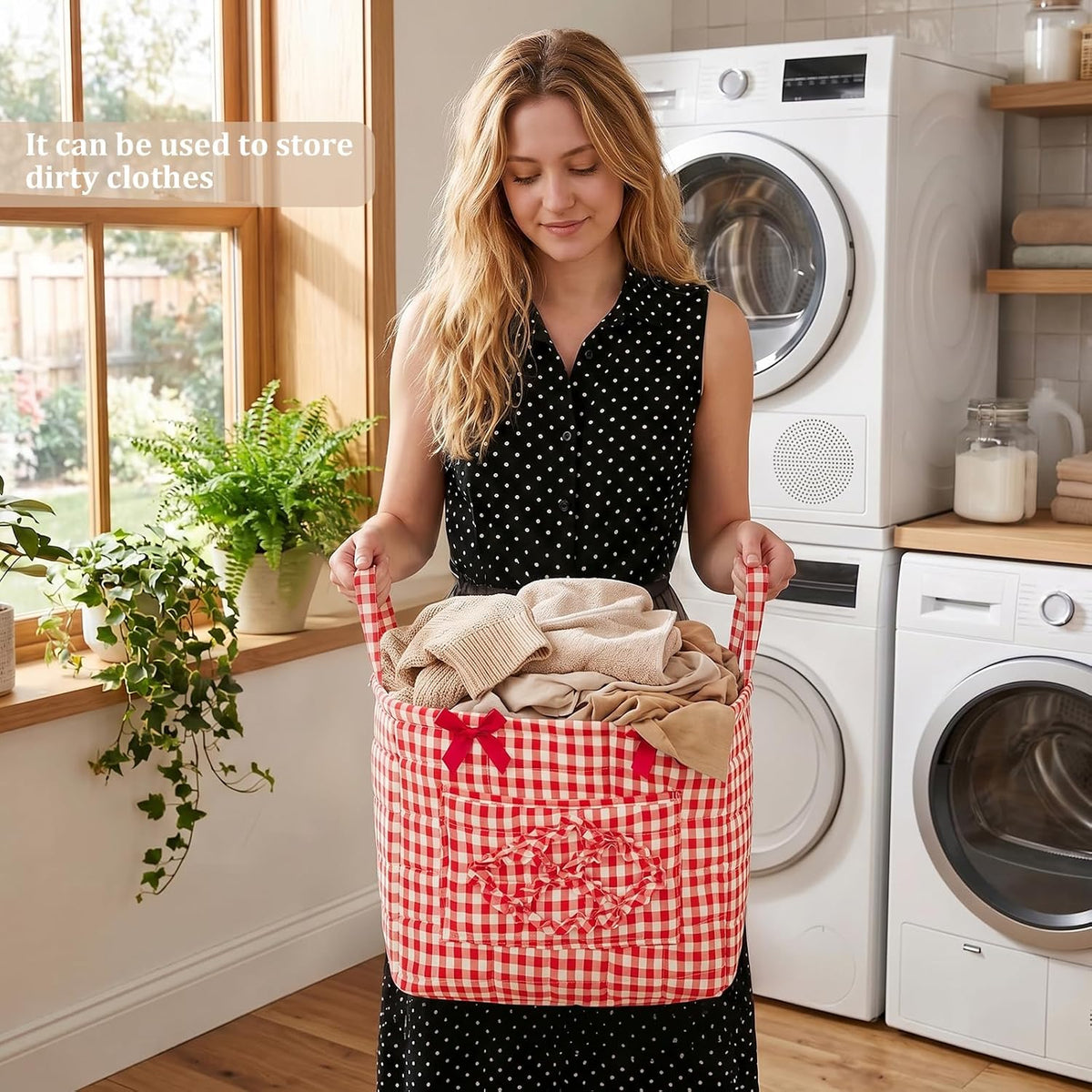 Floral Fabric Storage Basket Car Interior Storage Basket Underwear Sundries Laundry Baskets Supplies Home Organizer Bag (Red plaid)