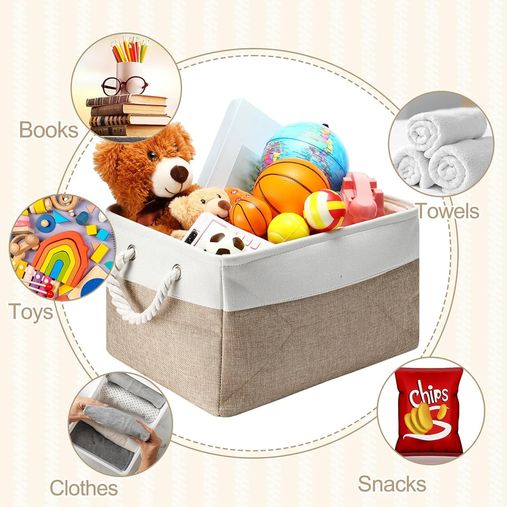 FoldTier 10 Pack Large Collapsible Fabric Storage Baskets with Handles Decorative Storage Bins for Organizing Shelves Toys Clothes(White & Beige,16 x 12 x 10 Inches)