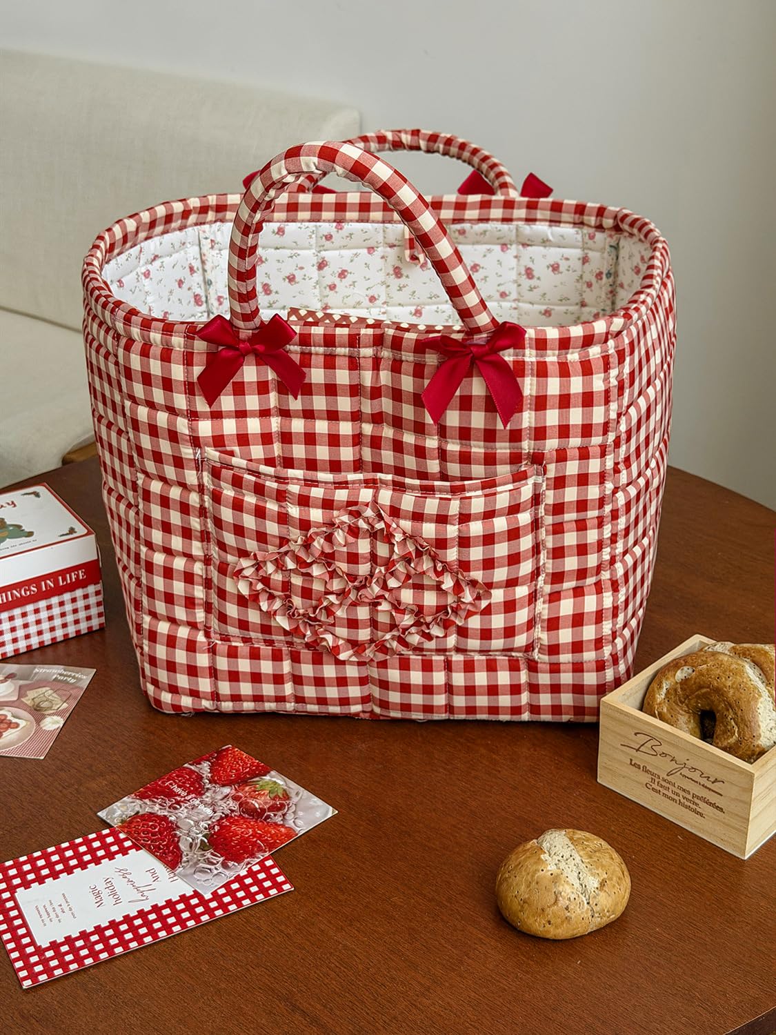 Foldable Laundry Basket Boho Bear Storage Basket Floral Quilted Fabric Car Storage Basket Handles Large Laundry Baskets for Clothes and Dolls