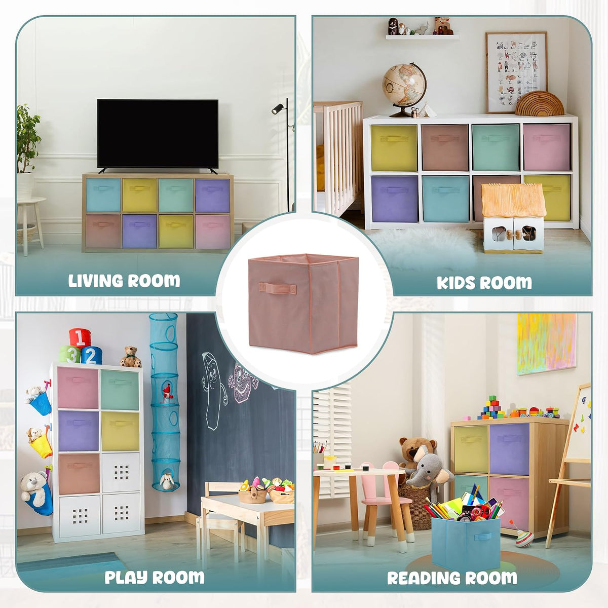 4E's Novelty 6 Pack 11 Inch Pastel Color Storage Foldable Cube Bins, Colorful Boho Storage Baskets For Nursery, Kids Room, Fabric Baskets For Toys, Clothes, Classroom Organization and Storage