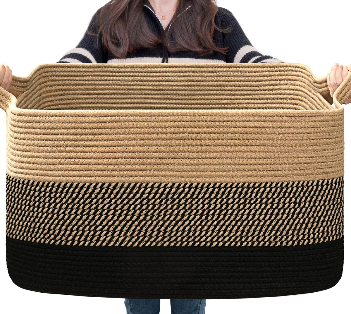Goodpick Large Woven Rope Blanket Basket, Rectangle, White & Light Brown