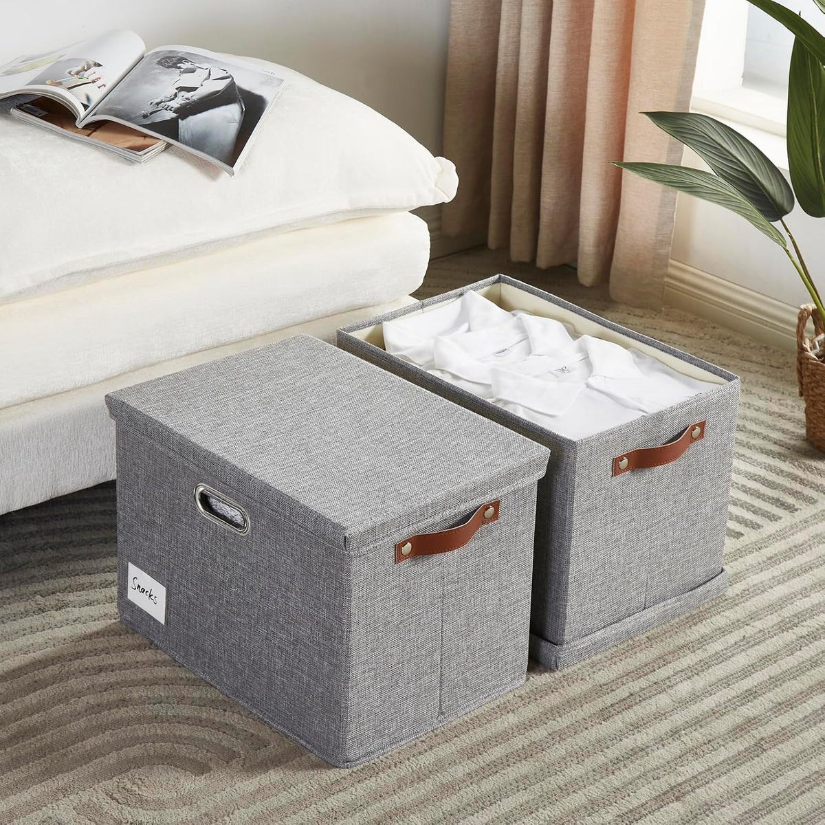 17" Large Fabric Storage Box with Lids, 3-Pack, Gray