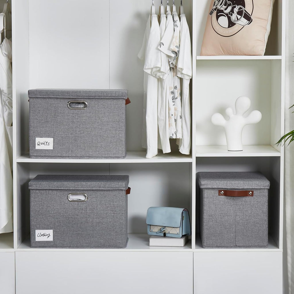 17" Large Fabric Storage Box with Lids, 3-Pack, Gray