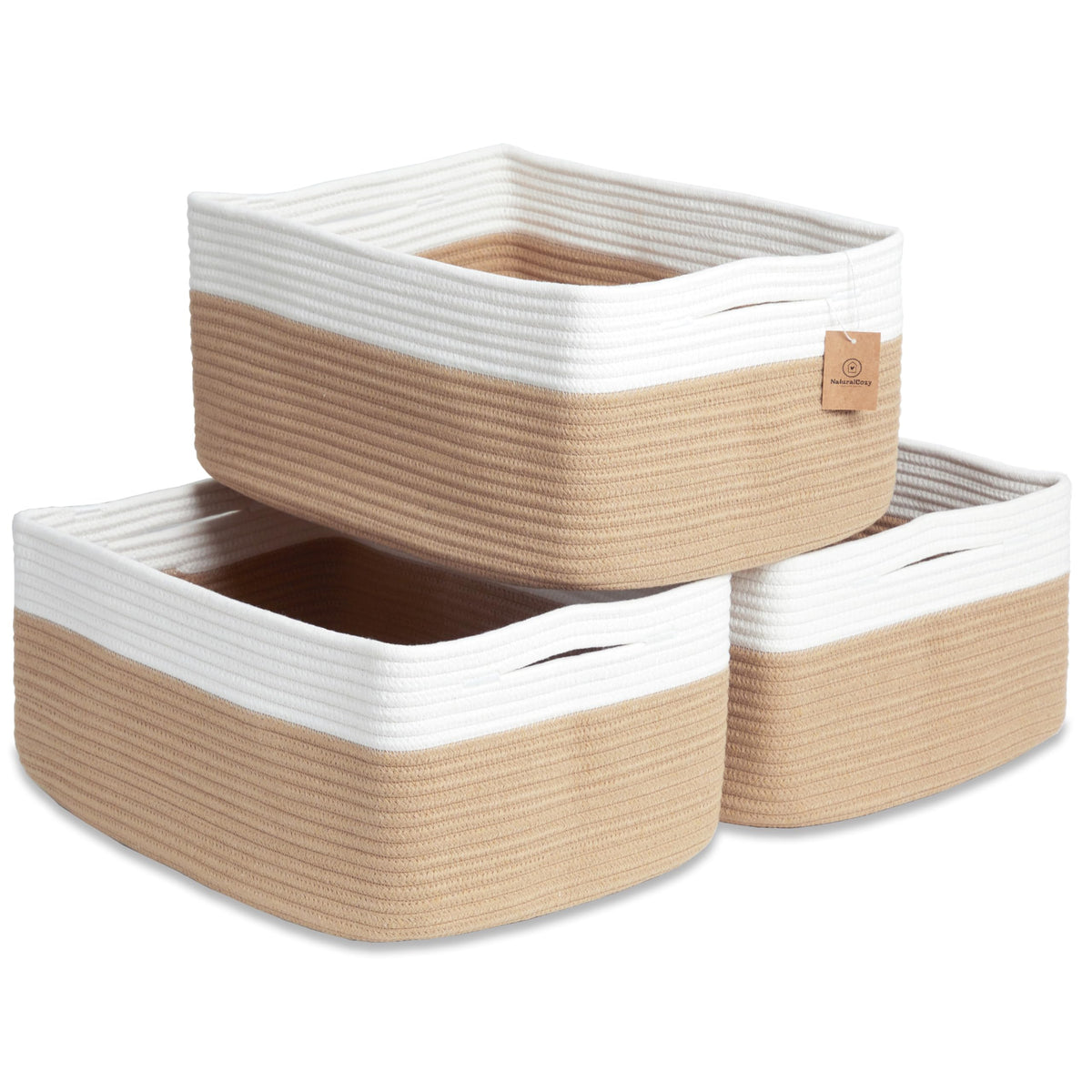 NaturalCozy Storage Baskets 16.8”x13”x7.6” Cotton Rope Woven Baskets for Organizing 3-Pack | Toy Storage Bins | Basket for Shelves, Laundry, Blanket, Clothes, Closet, Kitchen, Bathroom, Gifts