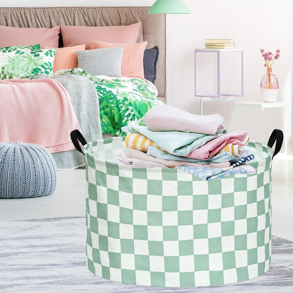 MAIZMZ Sage Checkered Storage Basket Extra Large 80L Kids Hamper Baby Laundry Basket Waterproof Toys Car Organizer Collapsible Canvas for Home/Dorm/Pet/Office/Closet/Shelf/Gift Baskets