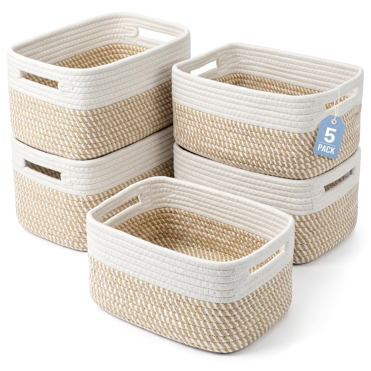 5 Small Woven Storage Basket for Organizing Shelves with Handles