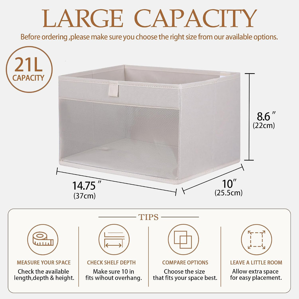 WUIKE Closet Storage Bins with Clear Window, Beige, Large, 3-Pack