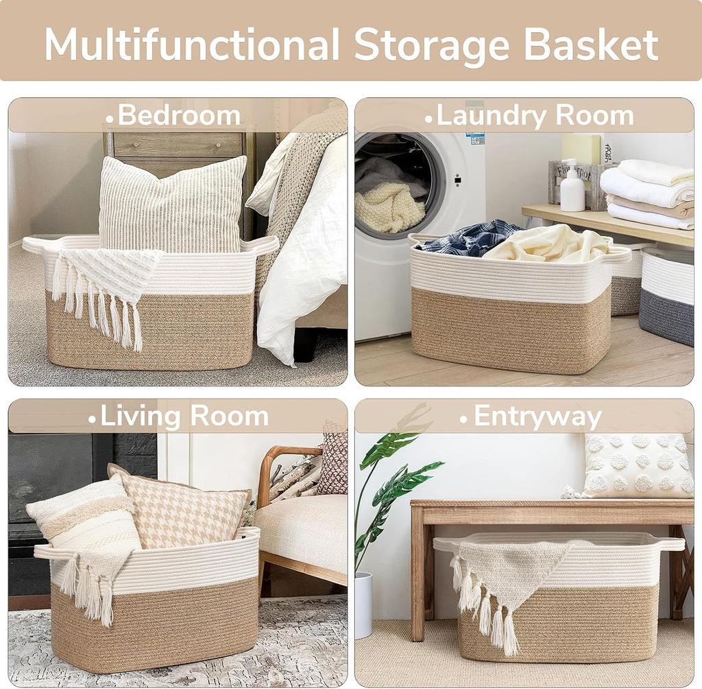 Goodpick Large Woven Rope Blanket Basket, Rectangle, White & Light Brown