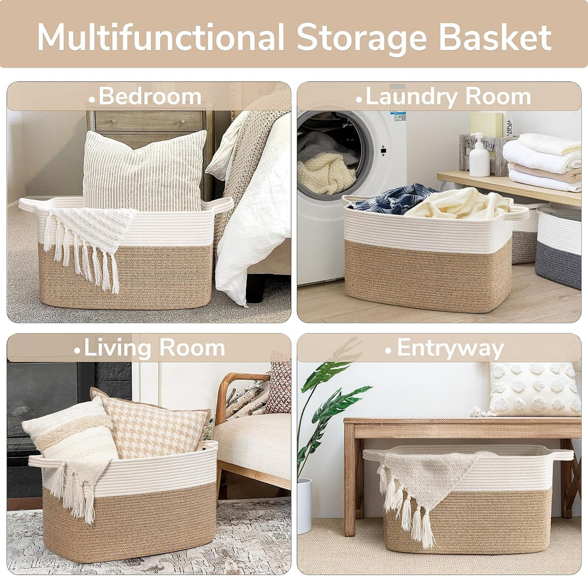 Goodpick Large Woven Rope Blanket Basket, Rectangle, White & Light Brown