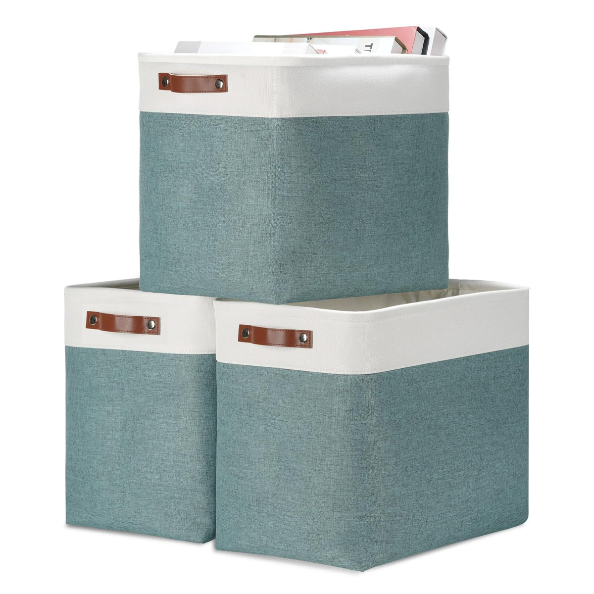 DULLEMELO Fabric Storage Bins for Laundry, Home, Foldable Storage Baskets for Shelves, Toys, Collapsible Storage Bins for Office, Closet,Bedroom(White&Khaki,L-15"x11"x9.5",4-Pack)