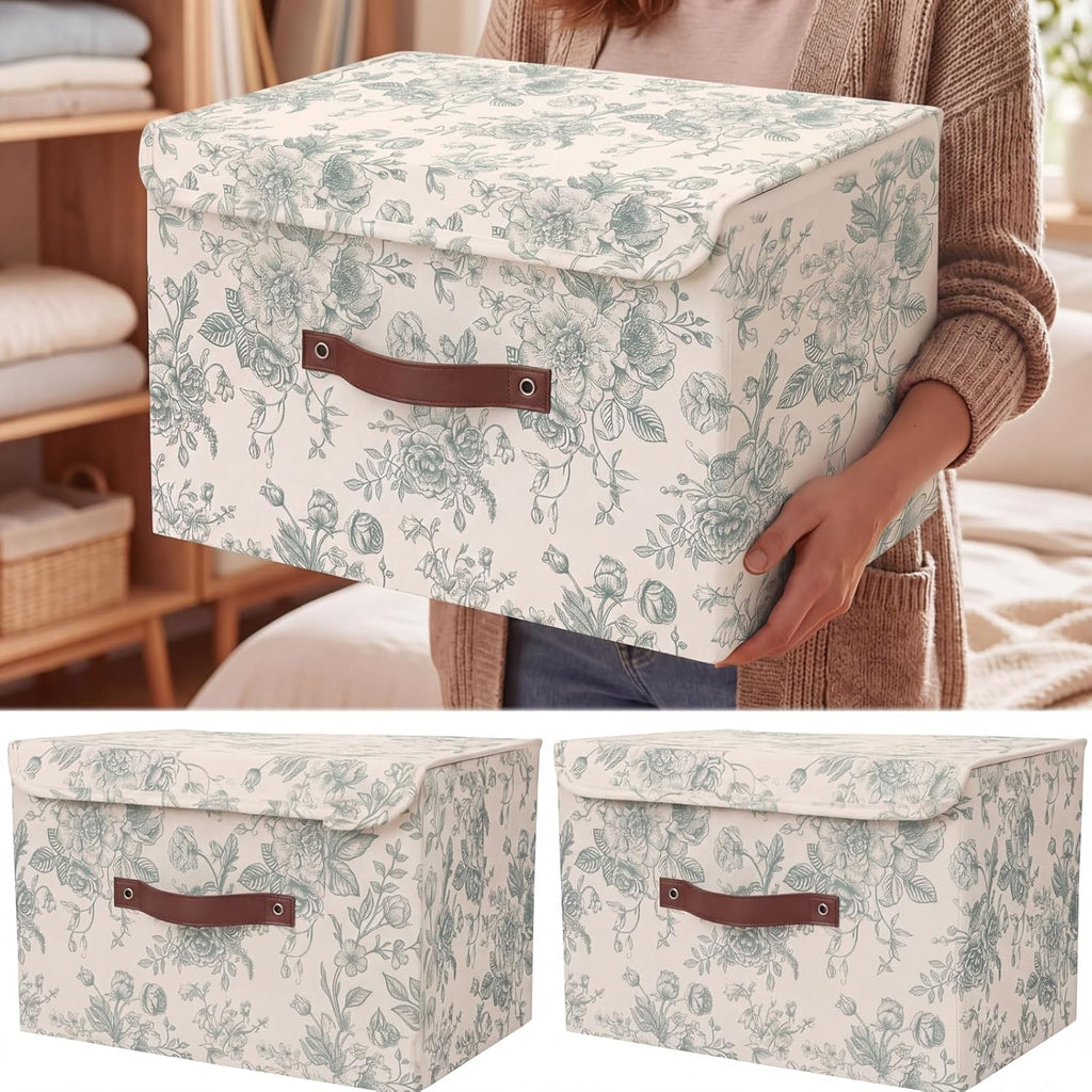 2 Pack Sage Green Floral Storage Bin with Lids, 15x10x10 Inch