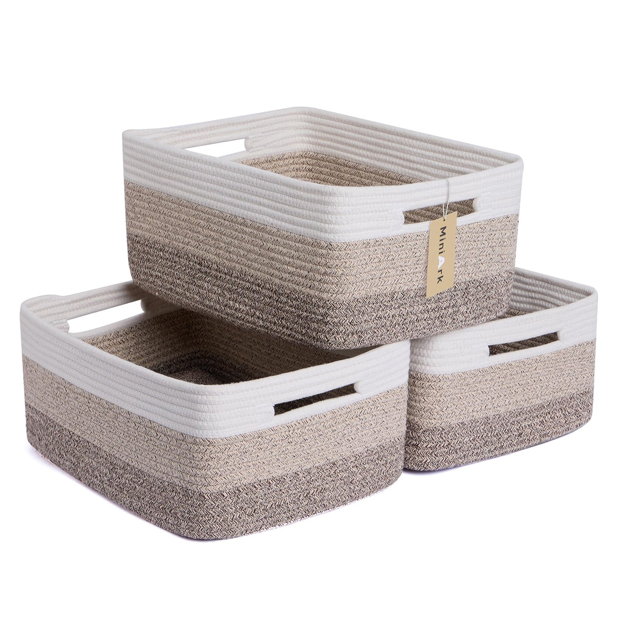 MiniArk Large Storage Baskets for Shelves, 17 x 13 x 7.5” Closet Organizers Bins for Clothes Blanket Towels, Baby Nursery, Toy Baskets Box, Woven Rope Baskets, 2 Packs Gradient Brown
