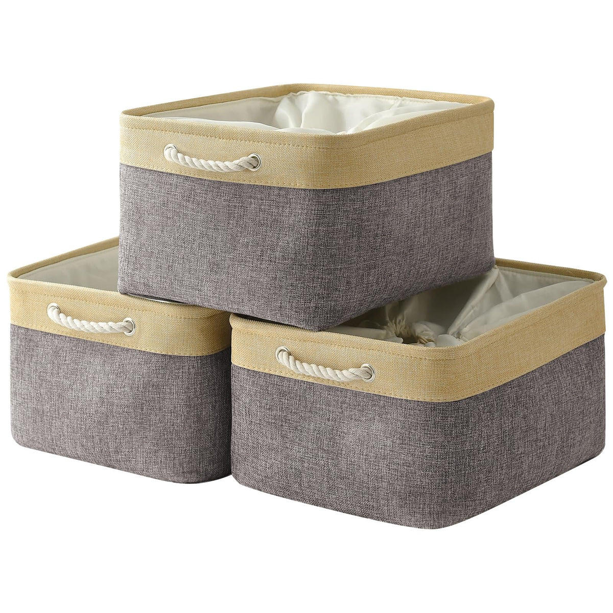 TheWarmHome Storage Basket for Organizing - Medium 3 Pack 14x10x7 inch Fabric Storage Cubes for Shelves with Rope, Collapsible Storage Bin for Organizer Closet Cloth Gift Toy (White & Jean Blue)