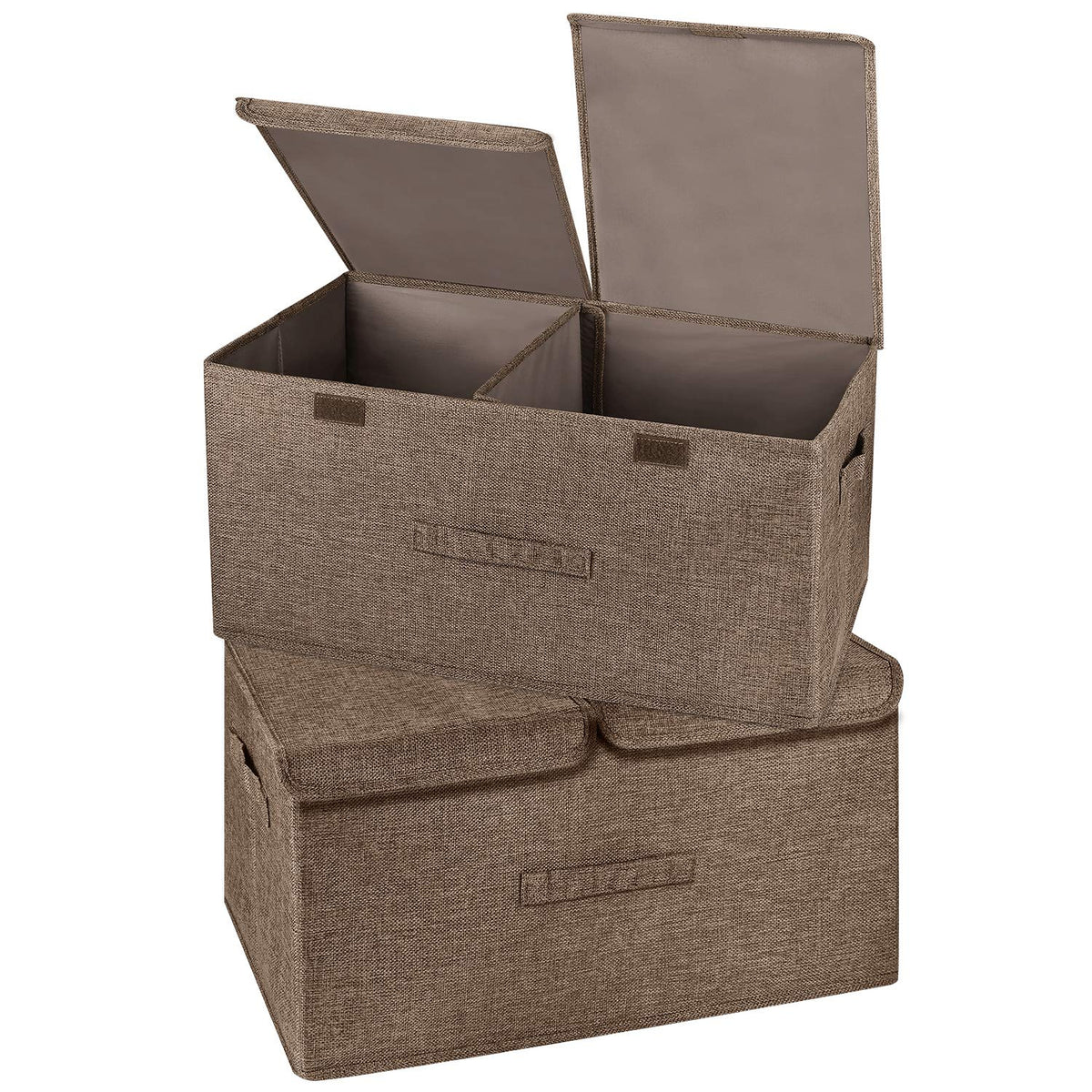 2 Pack Large Linen Fabric Collapsible Storage Bins with Lid and Handles, Washable Storage Box Baskets Cube with Removable Divider for Bedroom,Closet,Office,Living Room,Nursery (Black, Large)