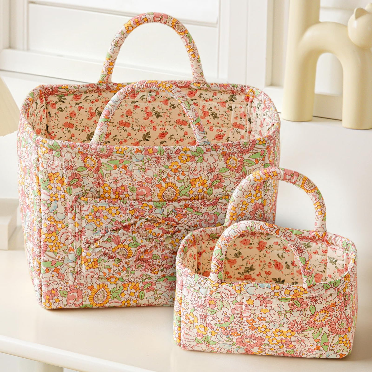 vctops 2 Pack Boho Fabric Quilted Storage Baskets for Organizing, Basket Organizer Gift Basket with Handles, Storage Bins for Toys, Books, Towels, and Clothes, Collapsible Fabric(Floral A)