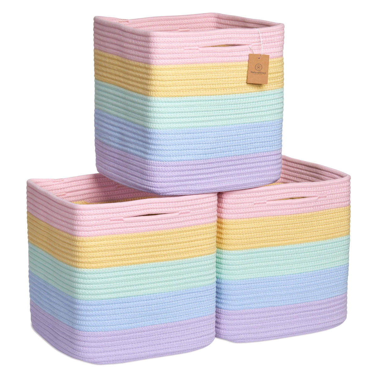 NaturalCozy Storage Cubes 11 Inch Cotton Rope Woven Baskets for Organizing, 3-Pack | Cube Bin Square Shelves Organizer, Classroom, Kids Toy Bins, Closet, Baby Nursery