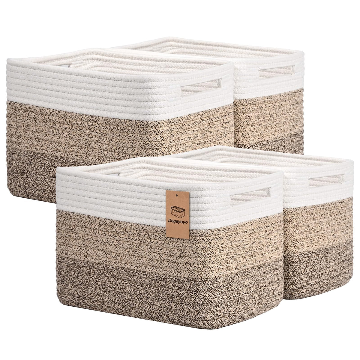 Storage Baskets for Organizing, 4 Pack Baskets for Shelves, Decorative Storage Bins for Shelves, Cotton Rope Storage Basket with Handles, Woven Basket for Storage, 13''Lx8.7''Wx7.9''H, White & Brown