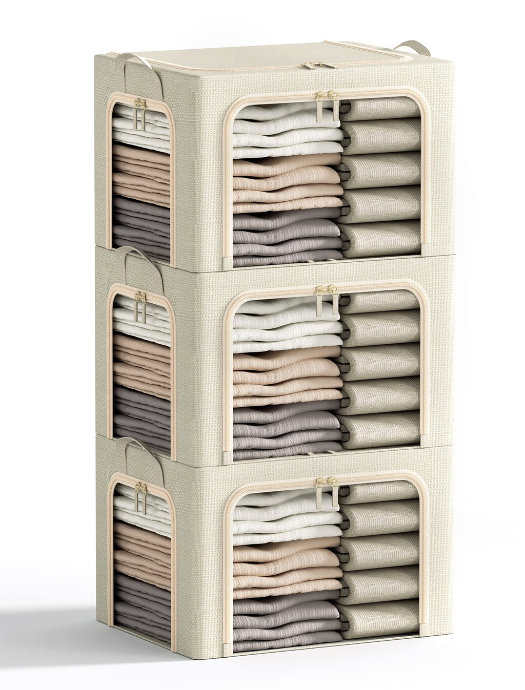 3 Openings Clothes Storage Bins with Metal Frame, Foldable Storage Bin for Clothes, Clothing Storage Bins with Lid, Linen Storage Box With Clear Window＆ Zippers＆ Durable Handles.(3 Pcs,Light Grey,40L)