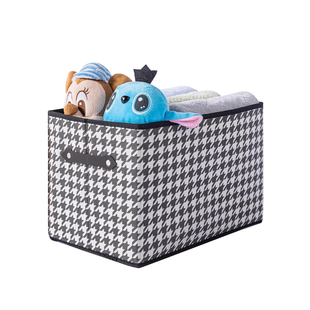 1 Pack Large Collapsible Storage Baskets for Shelves,14.9"x9.5" Fabric Closet storage Boxes with Leather Handles,Decorative Organizers Storage Bins for Clothes,Sheets,Books,(Purple Houndstooth