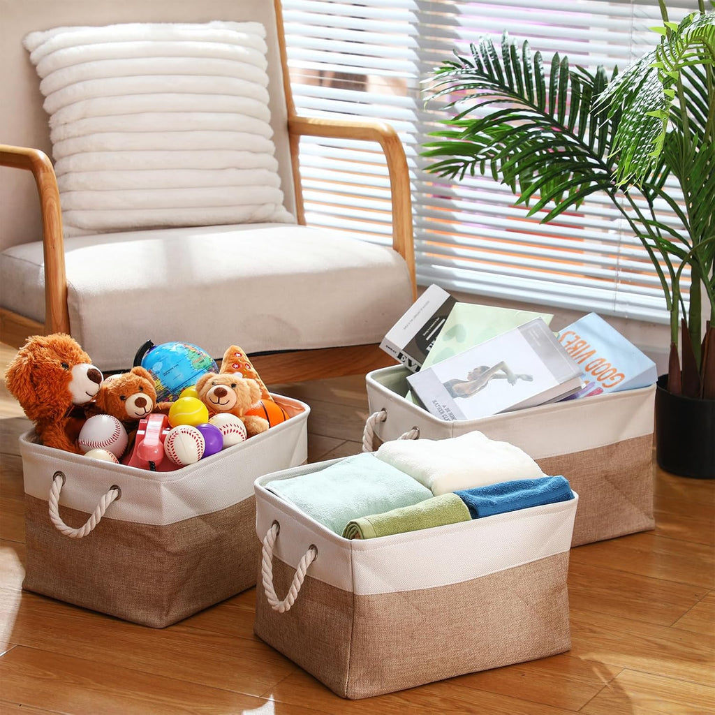 FoldTier 10 Pack Large Collapsible Fabric Storage Baskets with Handles Decorative Storage Bins for Organizing Shelves Toys Clothes(White & Beige,16 x 12 x 10 Inches)