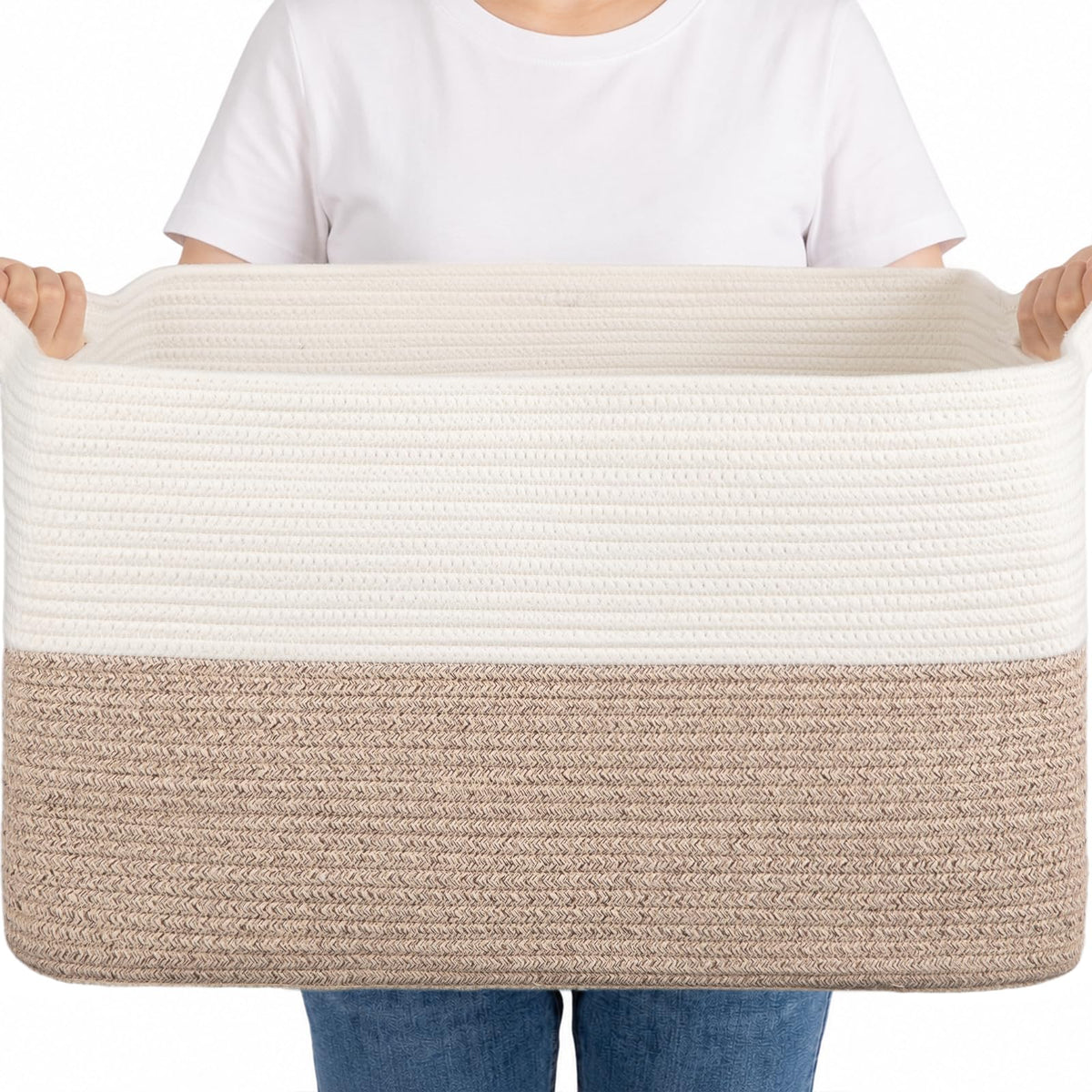 OIAHOMY Woven Storage Basket, Small Baskets for Organizing Brown & White