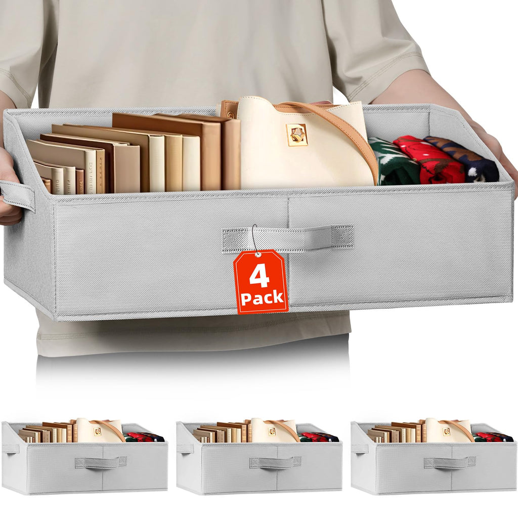 Criusia Closet Organizers Bins 4 Pack - Large Collapsible Shelf Organizer with Handles - Fabric Trapezoid Home Organization and Storage Baskets for Organizing Clothes Toy Blanket Towel Purse Hats
