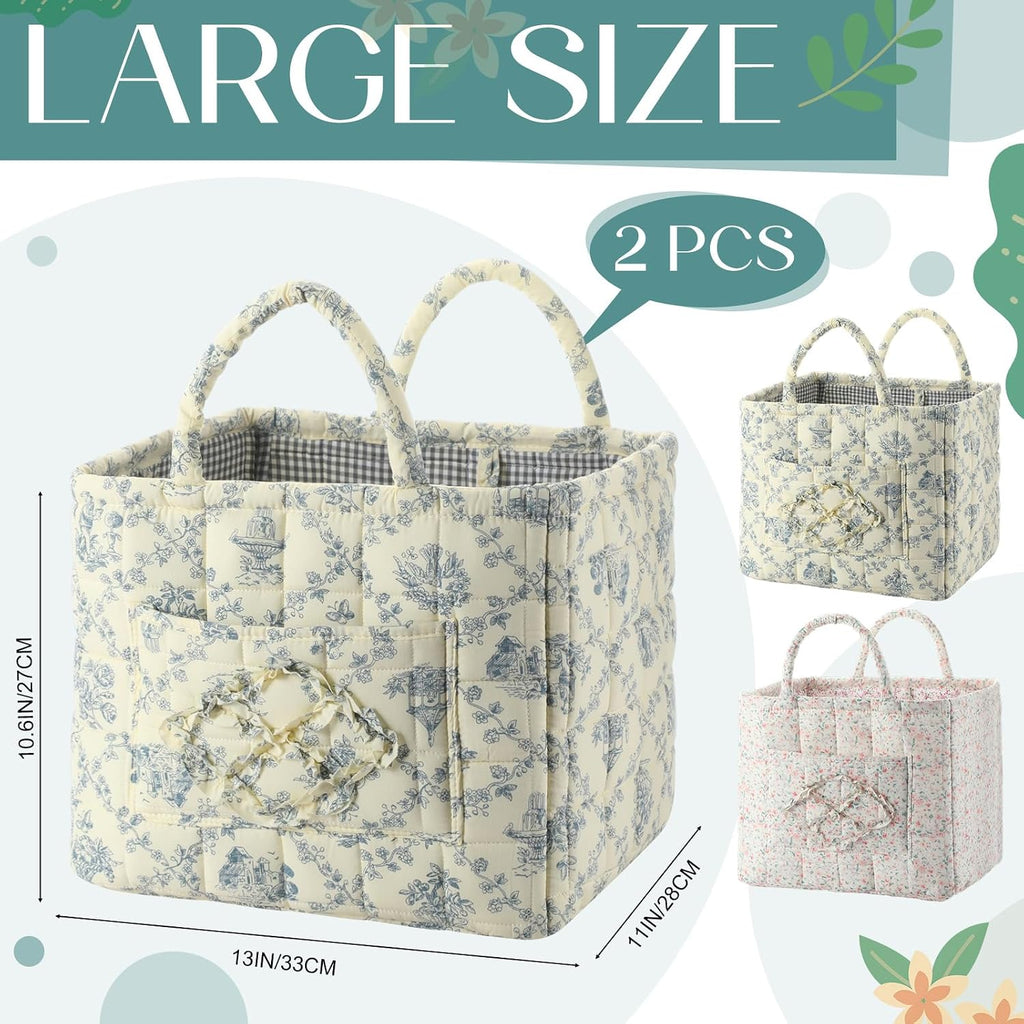 2 Pcs Boho Fabric Storage Basket, Blue & Pink Floral