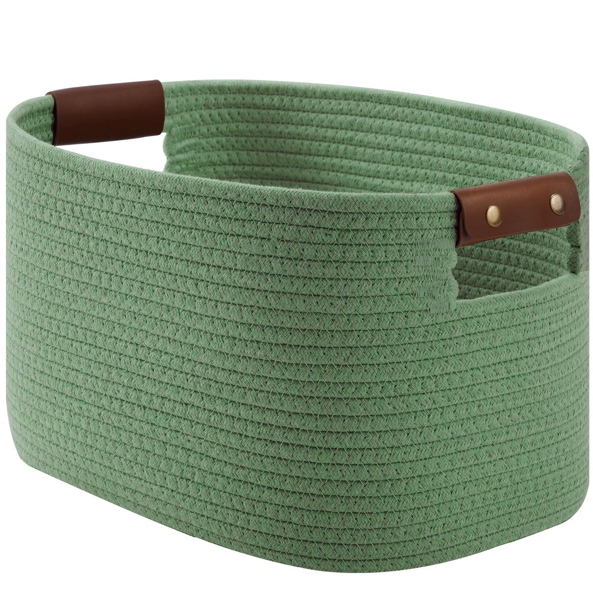 ECDYQXVU 15x10x9 Woven Cotton Rope Storage Basket, Leather Handles 1 Pack