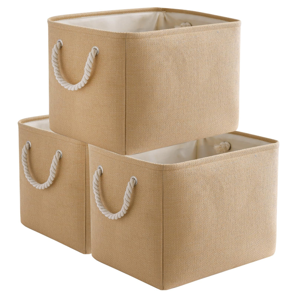 TheWarmHome Storage Basket for Organizing - Medium 3 Pack 14x10x7 inch Fabric Storage Cubes for Shelves with Rope, Collapsible Storage Bin for Organizer Closet Cloth Gift Toy (White & Jean Blue)