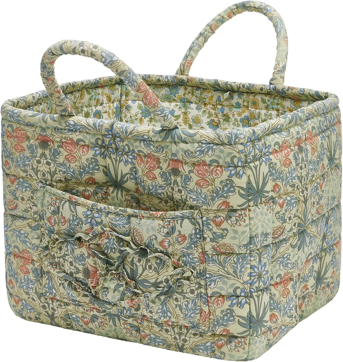 Quilted Fabric Storage Baskets with Handles, Boho Floral Gift Basket Foldable Organizer Bin for Home Decor, Picnic, Travel 12''x10''x10'' (Light Green)