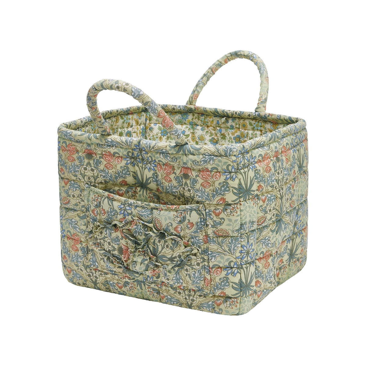 Quilted Fabric Storage Baskets with Handles, Boho Floral Gift Basket Foldable Organizer Bin for Home Decor, Picnic, Travel 12''x10''x10'' (Light Green)