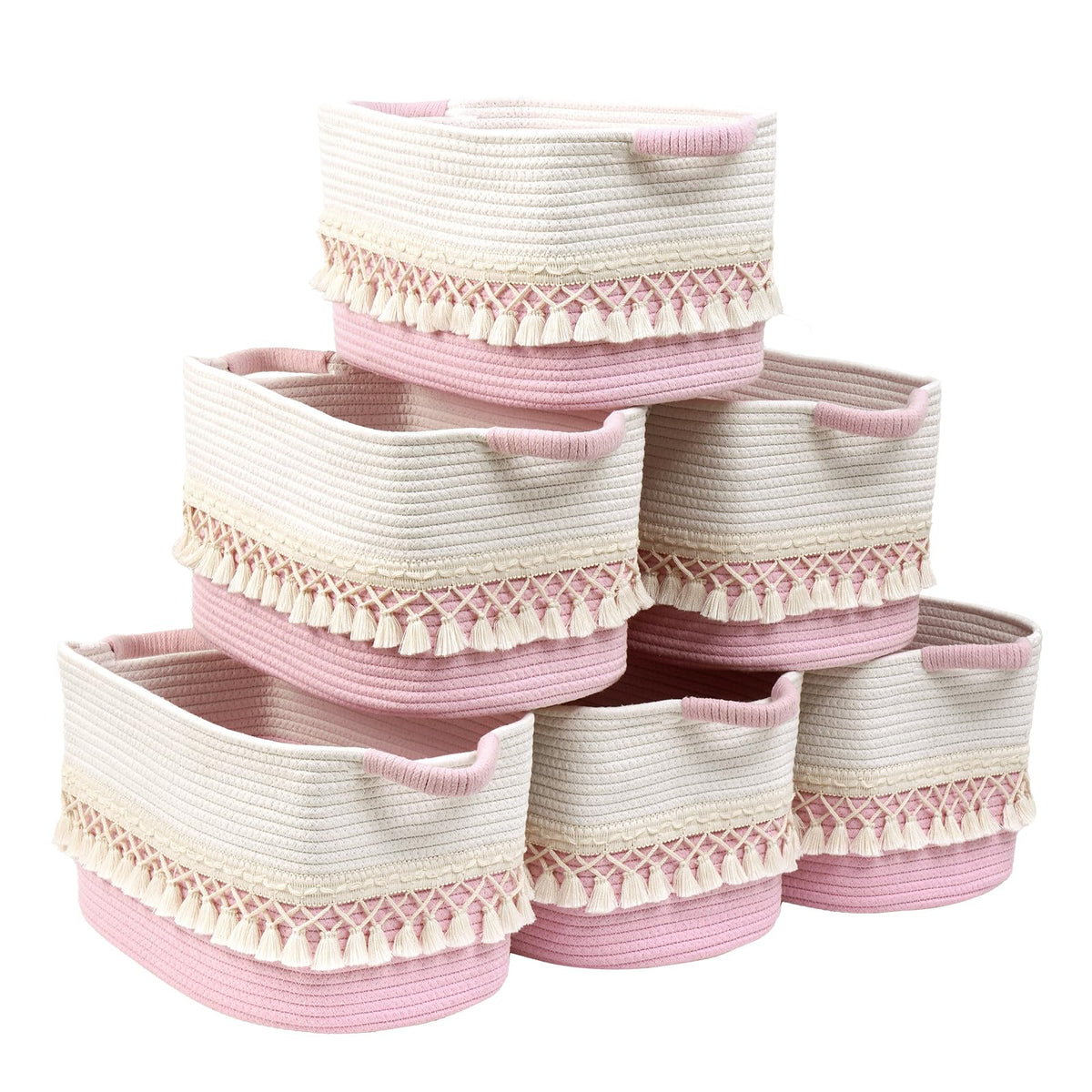 2 Pack Storage Basket for Shelves, Boho Cotton Rope Storage Bins with Heavy Tassel, Shelf Baskets Large Woven Baskets for Organizing, Cube Organizer Bins, Baby Laundry Basket for Clothes, Toys, Pets