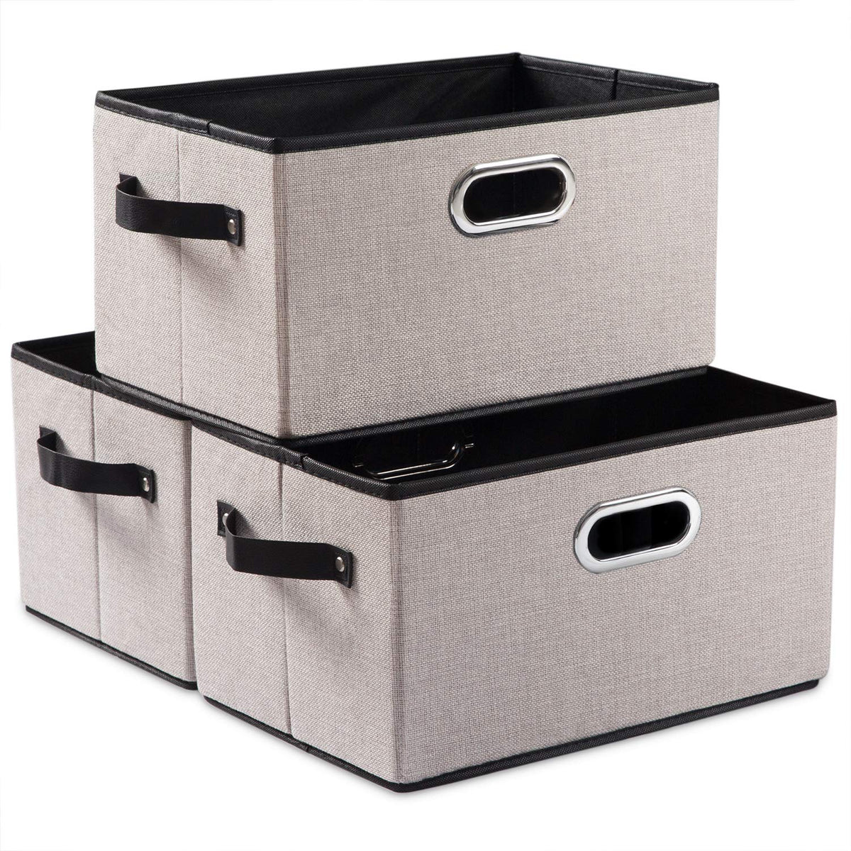 PRANDOM Large Foldable Storage Bins for Shelves [3-pack] Decorative Linen Fabric Storage Baskets Cubes with Leather/Metal Handles for Closet Nursery Office Grey and Black Trim (14.9x9.8x8.3 Inch)