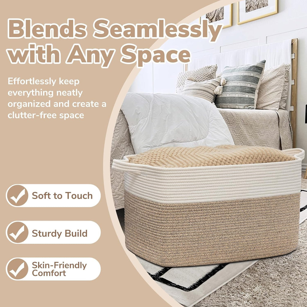 Goodpick Large Woven Rope Blanket Basket, Rectangle, White & Light Brown