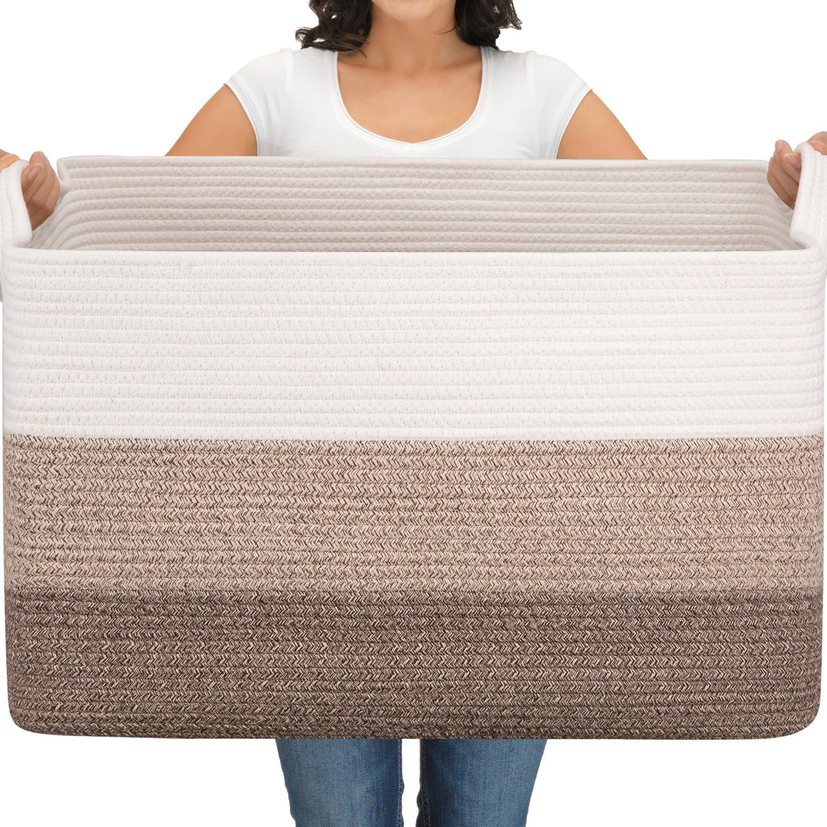 OIAHOMY Large Blanket Basket, 65L Cotton Rope Woven Laundry Basket, Toy Bin for Baby Room, Container for Blanket Storage in Living Room, 20''×16''×12'', Gradient Brown