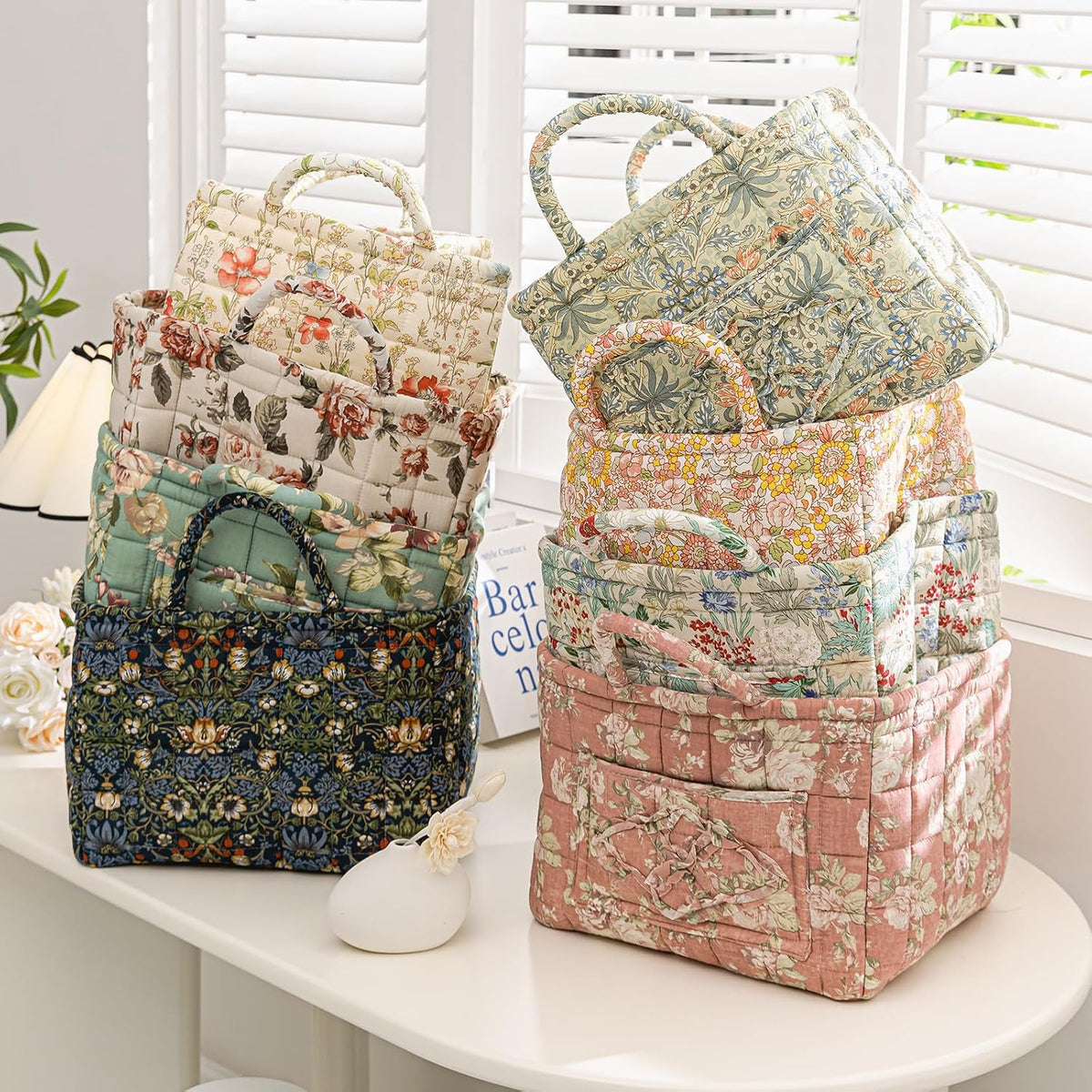 vctops Boho Fabric Quilted Storage Basket for Organizing, Basket Organizer Gift Baskets with Handles, Storage Bins for Toys, Books, Towels, and Clothes, Collapsible Fabric(Pattern F,13"x10.6"x10")